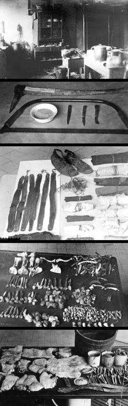 Инструменты и человеческие останки, обнаруженные в доме Денке.